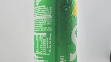 Italy, Rome, July 28, 2022. A can of Sprite soft drink close-up: the most famous can in the world with fresh drops of water.