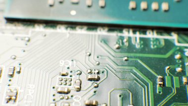 Electronic circuit board close up, Repairing computer, Macro