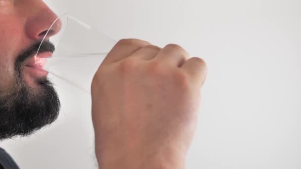 Closeup Man Drinking Water Glass Slow Motion Male Mouth Drinks — Wideo stockowe