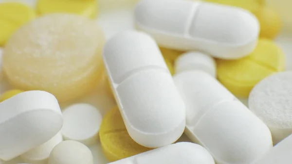 Different Colorful Medication Pills White Lab Table Creative Health Care — Fotografia de Stock