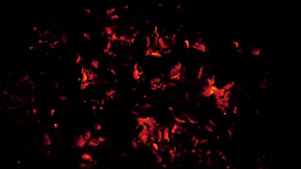 Super Slow Motion Shot Glowing Coal Fire Sparks Isolated Black — стокове відео