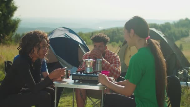 Mochileros multiculturales diversos positivos que preparan café en la estufa de gas turística en viaje de camping — Vídeos de Stock