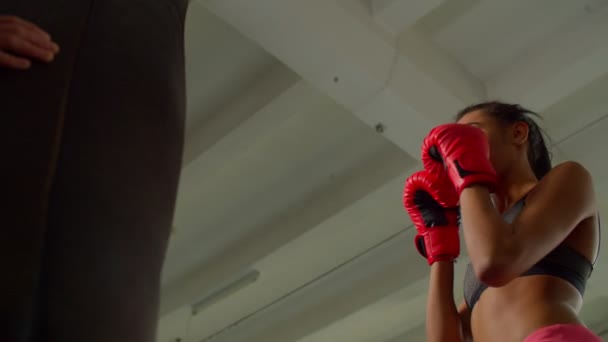 Atlético mujer afroamericana boxeador entrenamiento habilidades de perforación en bolsa pesada — Vídeos de Stock