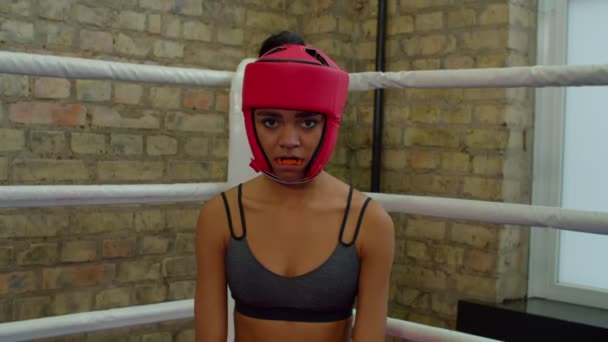 Portrait of determined athletic African American female boxer ready for fight — Stockvideo