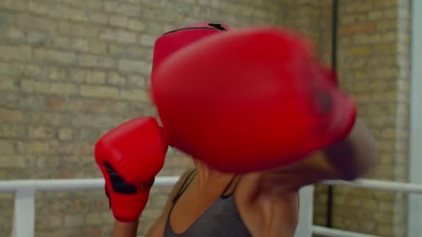 Fastställd atletisk svart kvinnlig fighter boxning inuti boxningsringen — Stockvideo