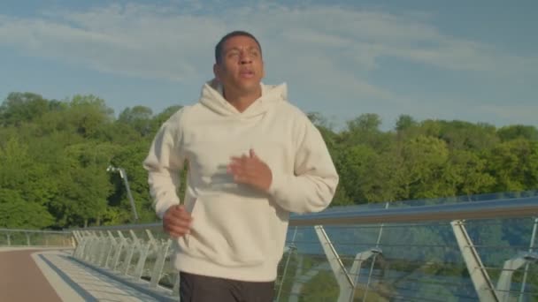 Livsstil Porträtt Motiverade Sportig Fitness Stilig Afroamerikansk Manlig Joggare Hoodie — Stockvideo