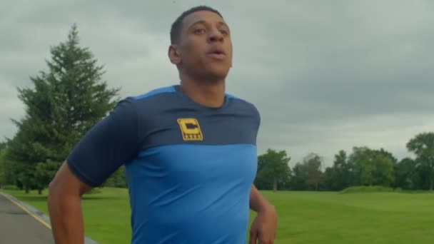 Corredor Masculino Afroamericano Fitness Activo Camiseta Deportiva Respondiendo Una Llamada — Vídeo de stock