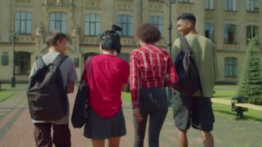 Back view of cheerful carefree diverse multiracial college friends with backpacks chatting and sharing, walking together to lecture at university campus on sunny day.