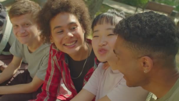 Portrait Joyful Carefree Attractive Diverse Multiracial Young Friends Posing Selfie — Stockvideo