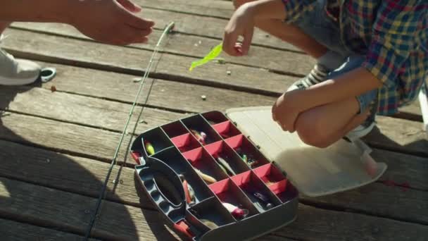 Close Hands Young Fisherman Holding Fishing Lure While Skillful Fisher — Stok video