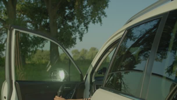 Rear View Attractive African Female Driver Sundress Resting Car Enjoying — Vídeo de Stock