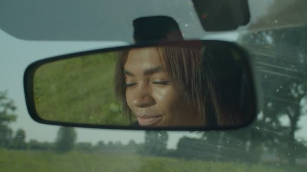 Reflection Charming Black Female Driver Car Rear View Mirror Looking — Αρχείο Βίντεο