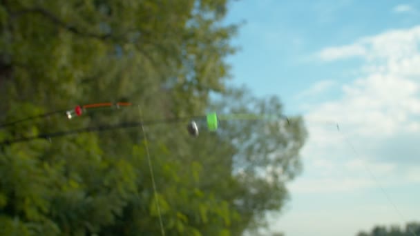 Close Fishing Bell End Spin Fishing Rod Alerting Fish Biting — Stock Video
