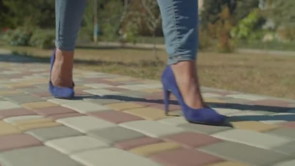 Close Beautiful Female Legs Trendy Blue High Heels Confidently Steps — Stok Video