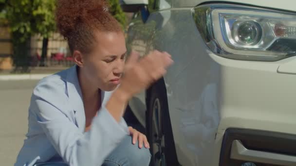 Portrait Upset Beautiful African American Female Driver Looking Car Scratches — Stock Video