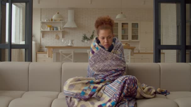 暖かいスカーフと毛布に包まれた病気の美しいアフリカ系アメリカ人の女性は ソファに座って 寒さとインフルエンザ くしゃみと気分が悪くなりながら 国内の部屋で時間を過ごす — ストック動画