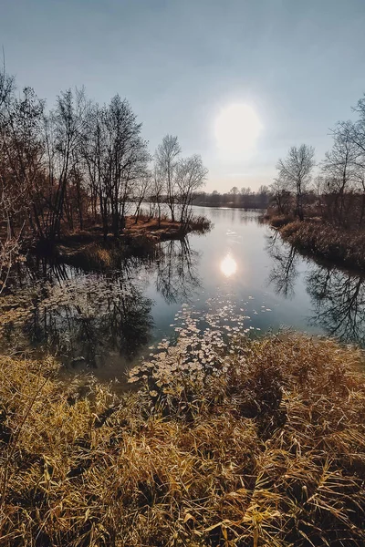 Livlig Höstsolnedgång Hösten Landskap Solnedgång Över Floden Med Lysande Gräs — Stockfoto