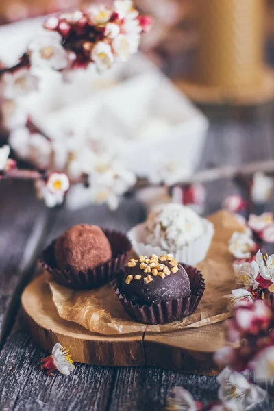 Coleção Primavera Bombons Chocolate Artesanal Doces Flores Cereja Decoração Fundo — Fotografia de Stock