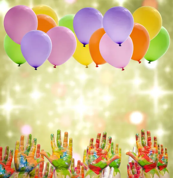 Child painted hands and balloons happy birthday party — Stock Photo, Image