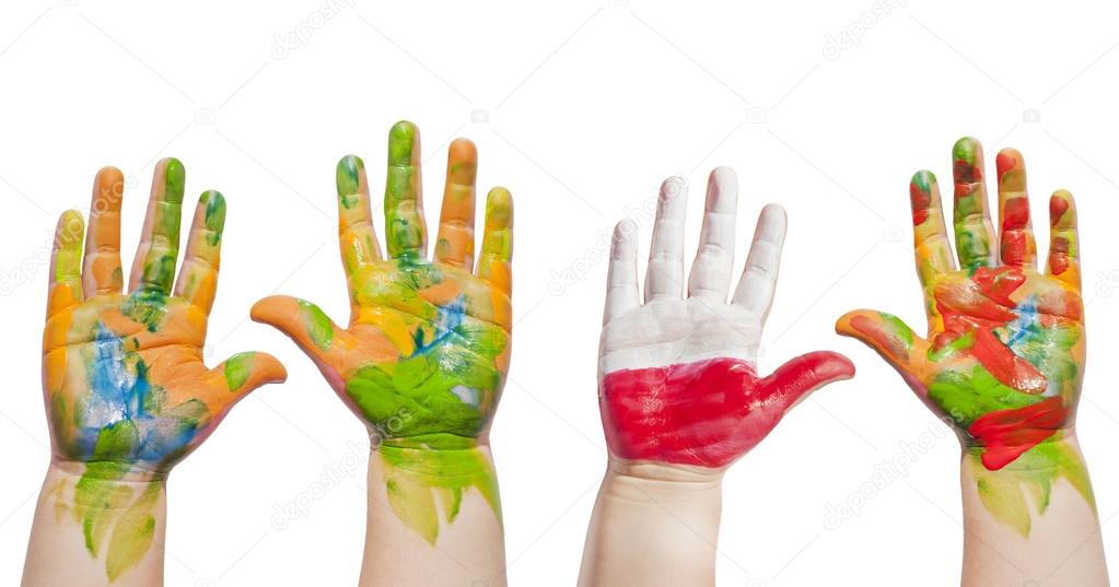 Painted hands of child isolated on white background