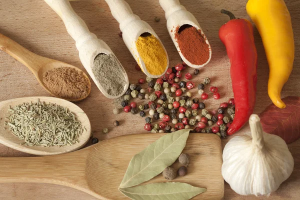 Temperos quentes ervas e legumes na mesa na cozinha — Fotografia de Stock