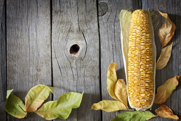 Feuilles d'automne sur des planches en bois avec fond de maïs — Photo