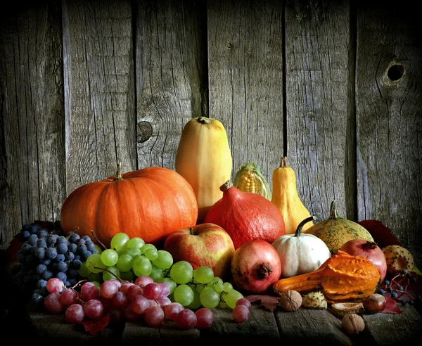 Obst und Gemüse mit Kürbissen im herbstlichen Stillleben — Stockfoto