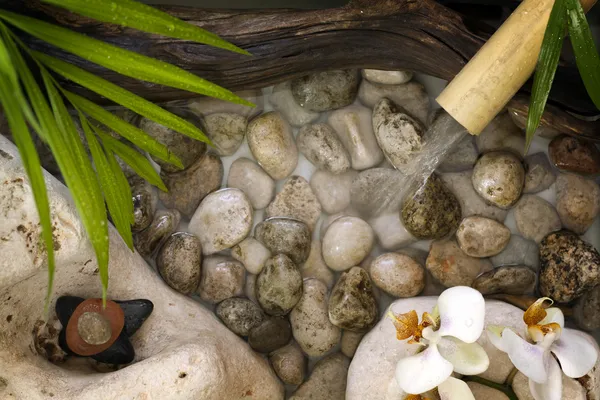 Caída de agua sobre piedras concepto de spa fondo con orquídeas y bambú —  Fotos de Stock