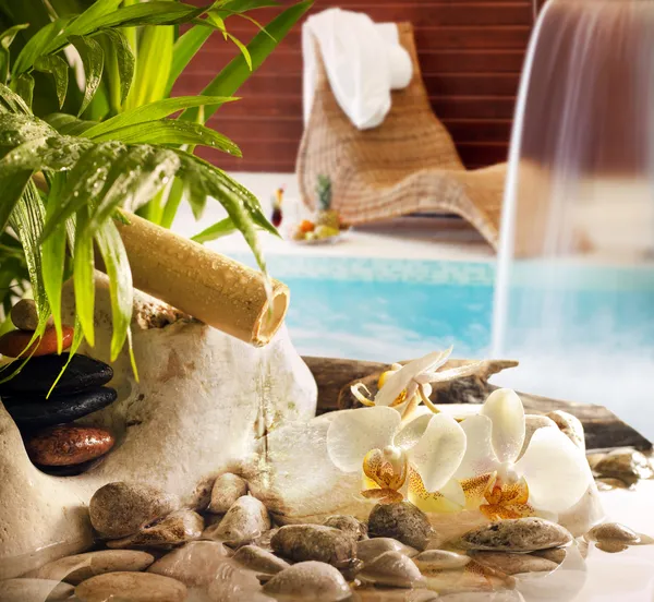 Wellness-Konzept mit Steinen Orchideen Wasserfall im Pool und Sonnenliege — Stockfoto