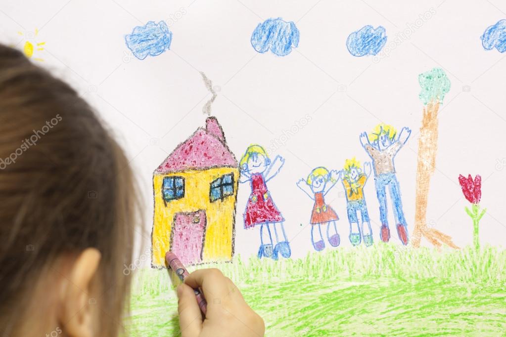 Girl draws her own house and happy family