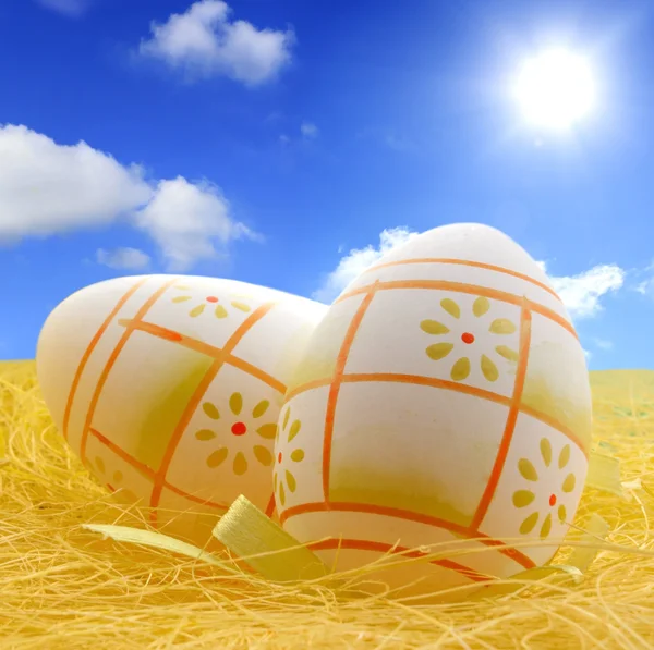 Easter eggs on meadow with sky abstract concept — Stock Photo, Image