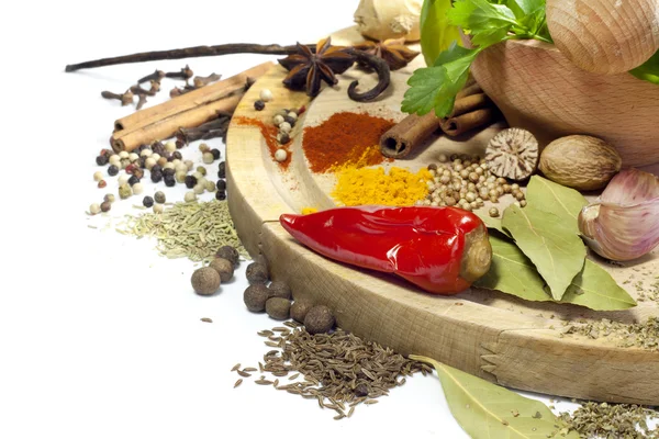 Különböző gyógynövények és fűszerek, habarcs, fehér háttér — Stock Fotó