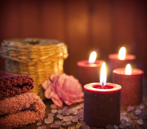 Spa concept in night with candles still life — Stock Photo, Image