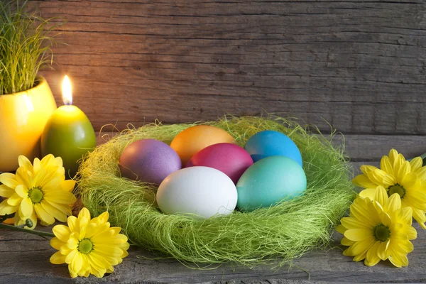 Easter eggs in green nest on vintage wooden planks — Stock Photo, Image