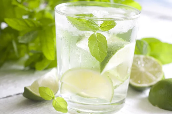 Mojito drink cocktail with rum, limes, mint and ice cubes — Stock Photo, Image