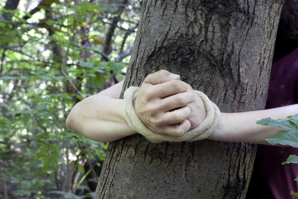 Vrouw gebonden aan een boom in het forest — Stockfoto