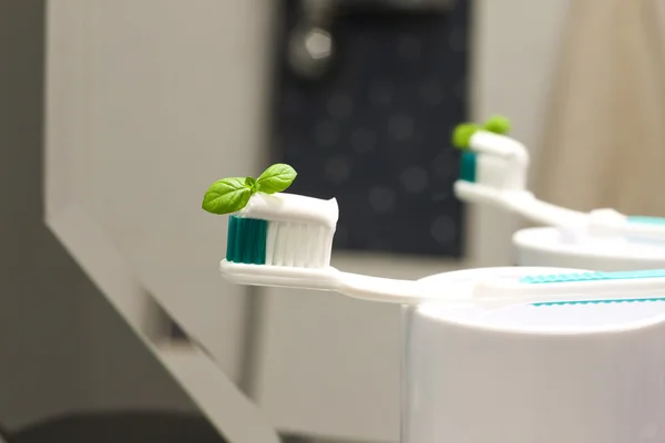 Cepillo de dientes en el baño con reflejo en el espejo —  Fotos de Stock