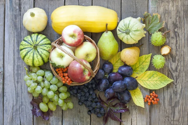 Frutas e legumes na temporada de outono em tábuas de madeira vintage — Fotografia de Stock