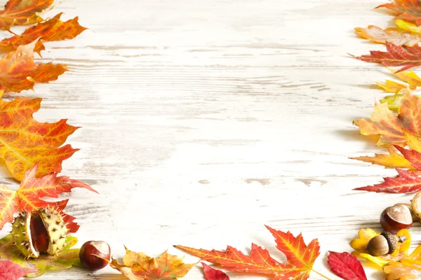 Hojas de otoño en pizarras blancas borde de fondo — Foto de Stock