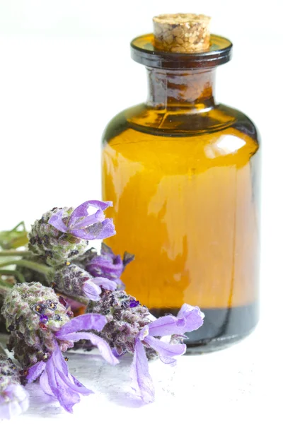 Aceite de lavanda sobre tablones blancos de cerca — Foto de Stock