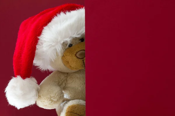 Osito Peluche Con Sombrero Santa Sobre Fondo Rojo Concepto Navidad —  Fotos de Stock