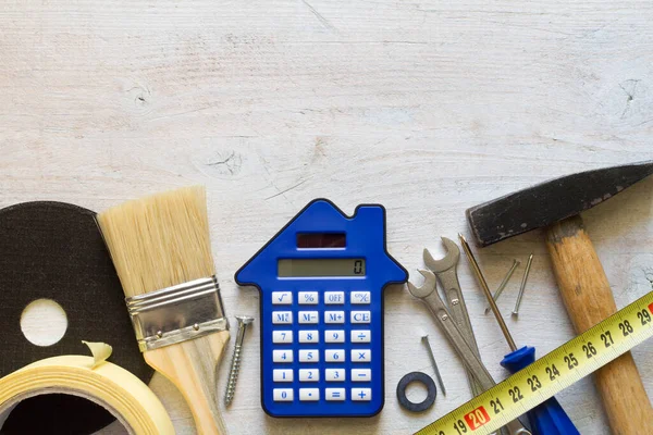 Diy Tools Calculator Wooden Background Home Renovation Construction Concept Top — Stock Photo, Image