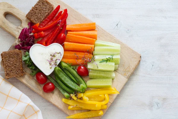 Assorted Fresh Chopped Vegetables Dip Light Background Tasty Healthy Snack — Stock Photo, Image