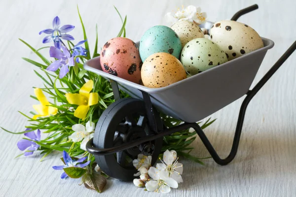 Bunte Eier Auf Schubkarre Gras Und Frühlingsblumen Osterdeko Konzept — Stockfoto