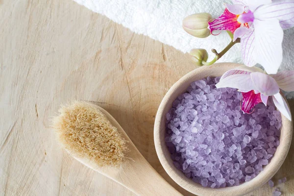 Bath Salt Wooden Bowl Body Care Accessories Pink Orchid Spa — Stock Photo, Image