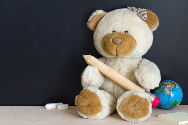 Teddy Bear Holding Big Wooden Pencil Background Blackboard Back School — Stock Photo, Image