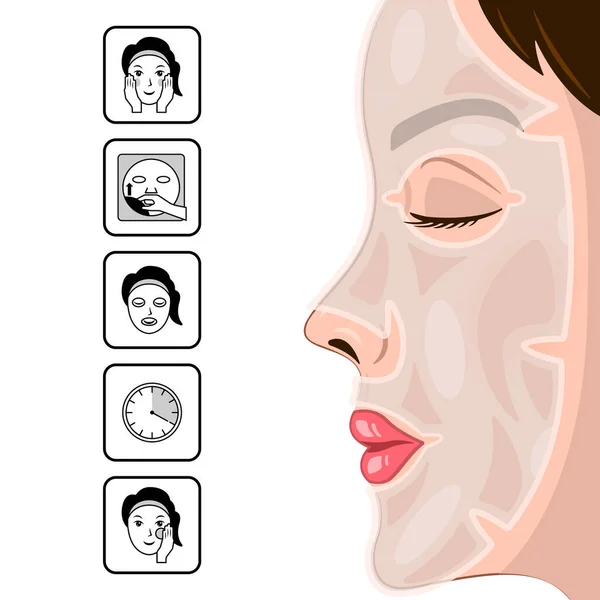 Hidratáló lap maszk nő arc rajzfilm elszigetelt — Stock Vector