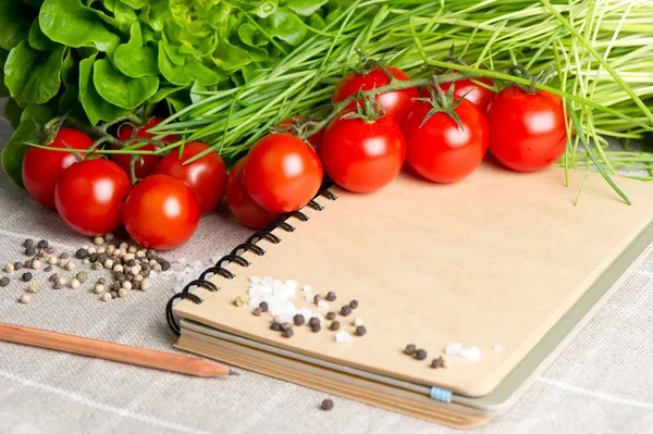 Öppen anteckningsbok med tomater, gräslök och kryddor — Stockfoto