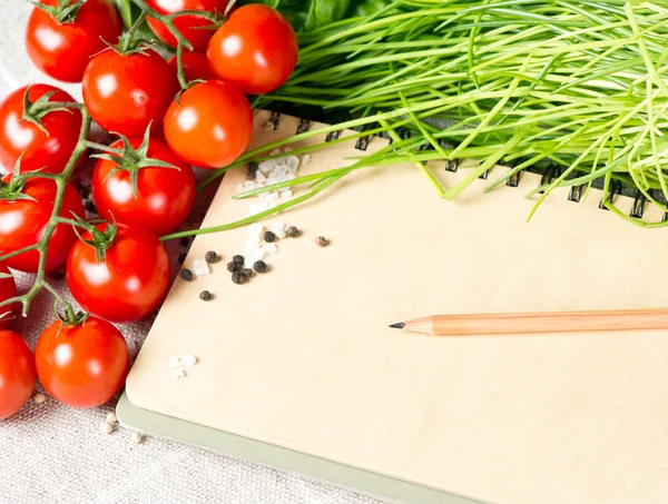 Öppen anteckningsbok med tomater, gräslök och kryddor — Stockfoto