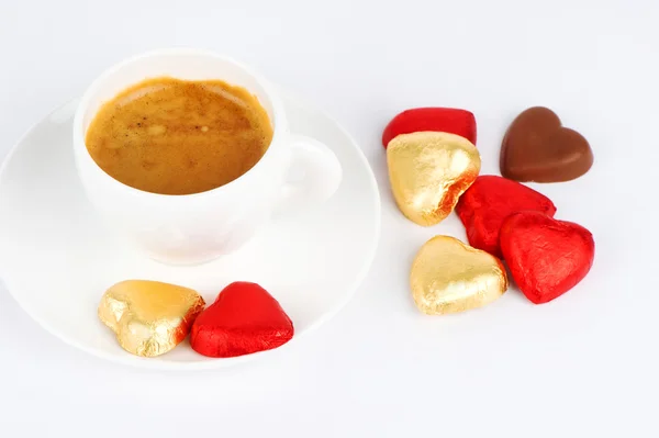 杯咖啡与巧克力的心 — 图库照片